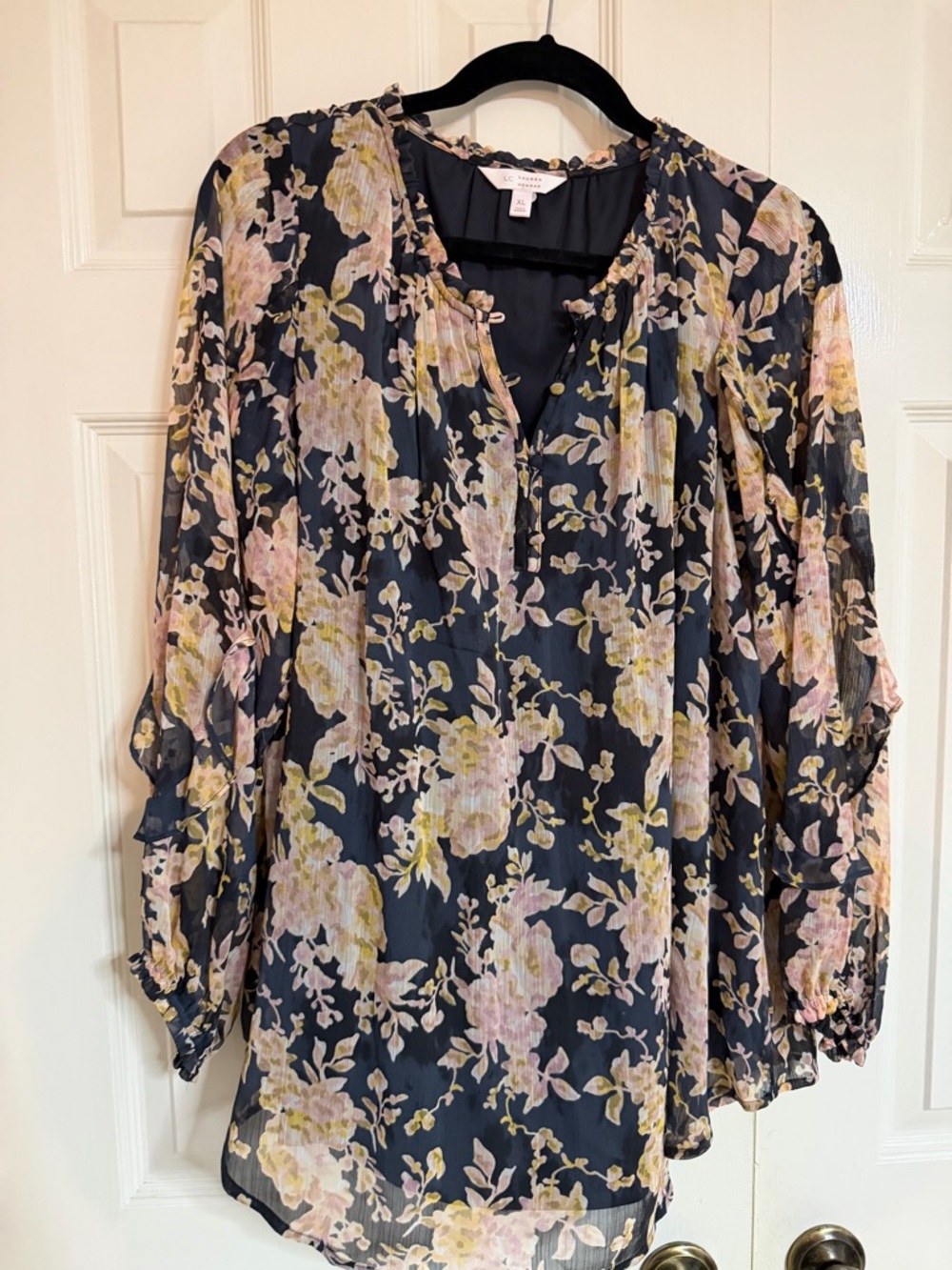 LC Lauren Conrad Navy Floral Peasant Blouse - Pink & Yellow Accents